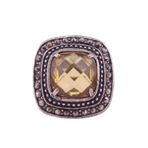 Checkerboard Cushion Cut Topaz & Marcasite Silver Plated Ring Size 6.5 NWOT